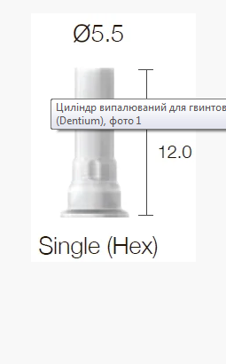 Циліндр SuperLine, що викурюється для гвинтового абатменту, з 6-гранником, діам. = 5.5мм, висота = 12мм, № SBC55SL