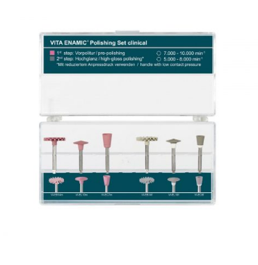 Инструмент полировальный VITA ENAMIC Набор содержит по 1шт: розовая головка, имела розовая головка, розовая линза, большая розовая чашка, серая головка, имела серая головка, серая линза, большая серая чашка