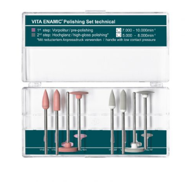 Инструмент полировальный VITA ENAMIC Набор содержит по 1шт: малая розовая головка, розовая головка, розовая линза, большая розовая чашка, имела серая головка, серая головка, серая линза, большая серая чашка
