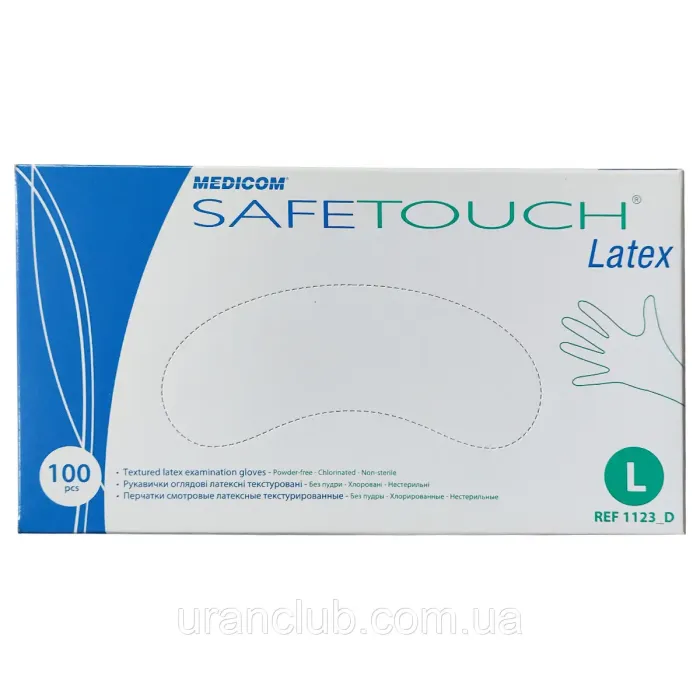Рукавички латексні неопудрені рукавиці SafeTouch latex Medicom, розмір L 100 шт/уп стоматологічні