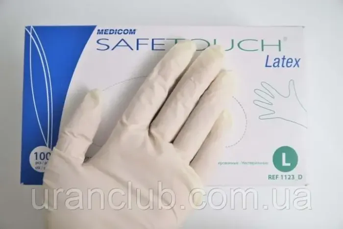Рукавички латексні неопудрені рукавиці SafeTouch latex Medicom, розмір L 100 шт/уп стоматологічні