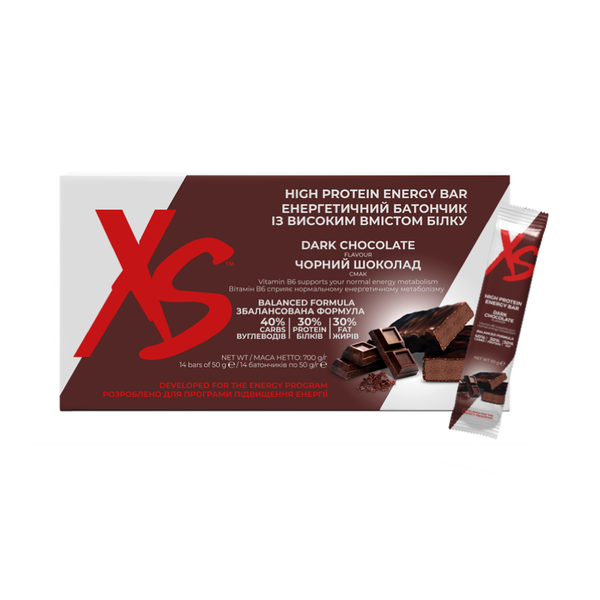 XS Енергетичний батончик із високим вмістом білка смак чорний шоколад (14 батончиків x 50 г / 700 г)