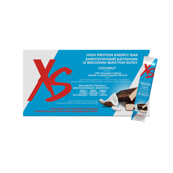 XS Енергетичний батончик із високим вмістом білка, смак «кокос» (14 батончиків x 50 г / 700 г)