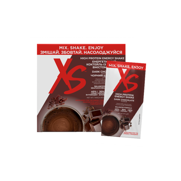 XS Енергетичний коктейль із високим вмістом білка, смак «чорний шоколад» (14 пакетиків x 67,1 г / 939 г)